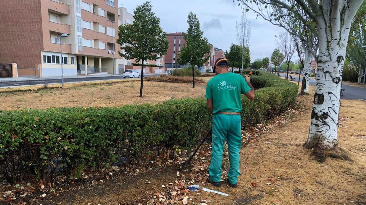 Un operario de jardines de Fundabem trabaja en una zona verde,