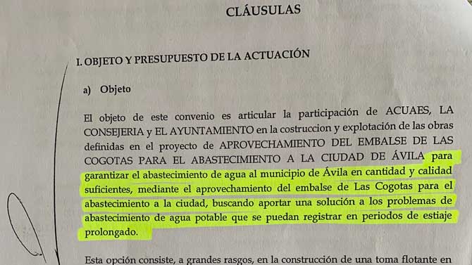 Convenio para el trasvase de Las Cogotas donde dice que el agua será para "períodos de estiaje prolongado".