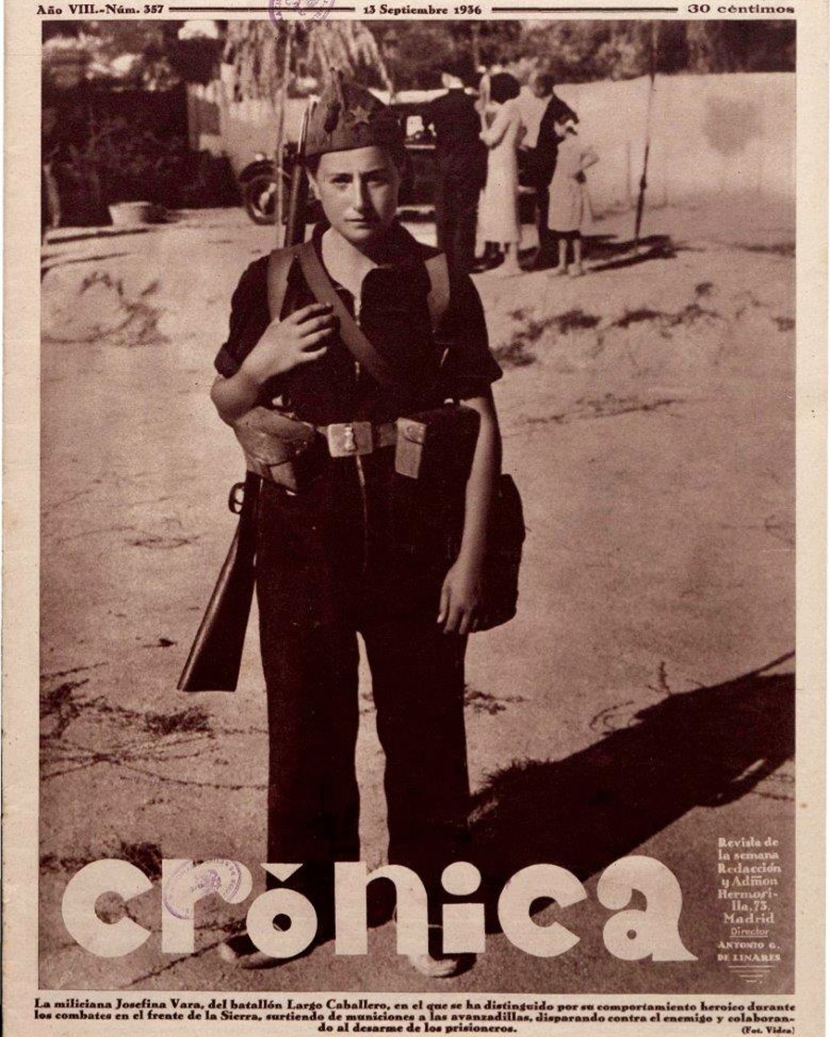 Miliciana del batallón Largo Cabalero incorporada a la columna Mangada en Navalperal. Foto Video. Revista Crónica 13/9/1936, BNE.