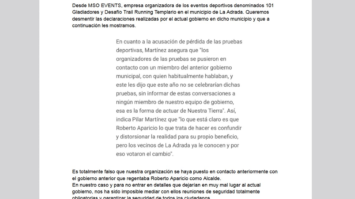 Comunicación de una empresa organizadora de eventos deportivos.