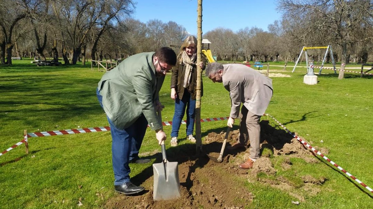 El alcalde, la concejal de Medio Ambiente y el edil de obras plantan un árbol en El Soto.