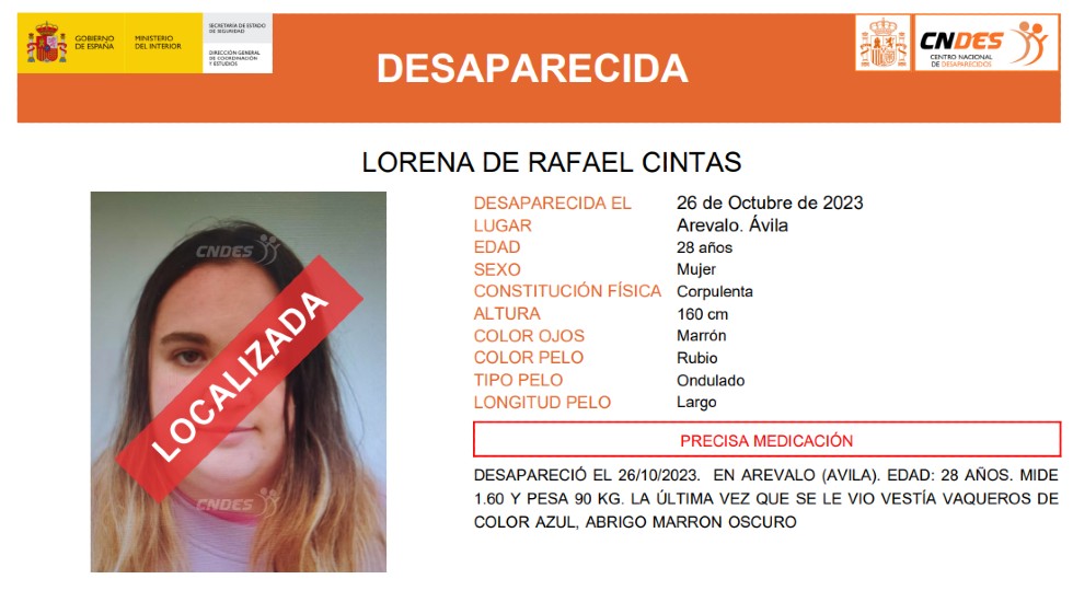 Aviso de la mujer hallada y que había desaparecida en Arévalo.