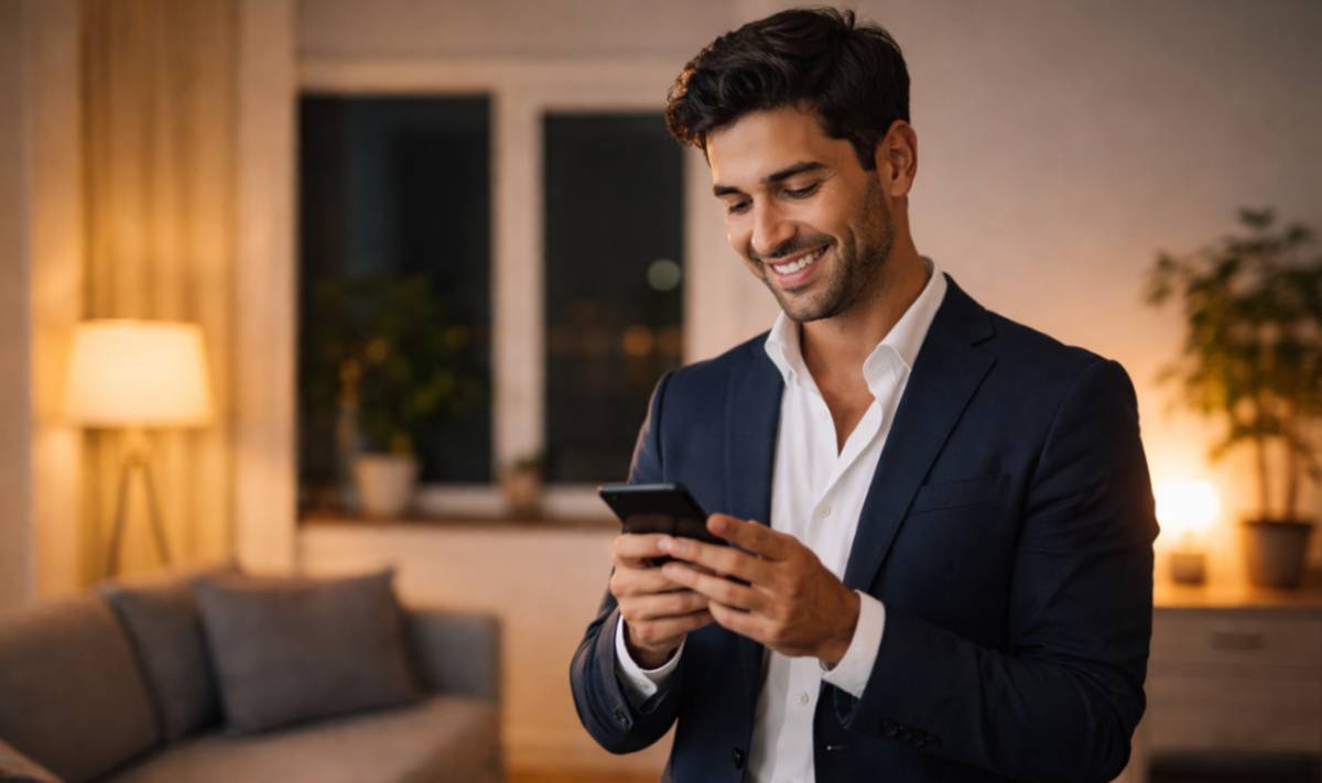 Un hombre planifica una visita al teatro con ayuda del tel&eacute;fono