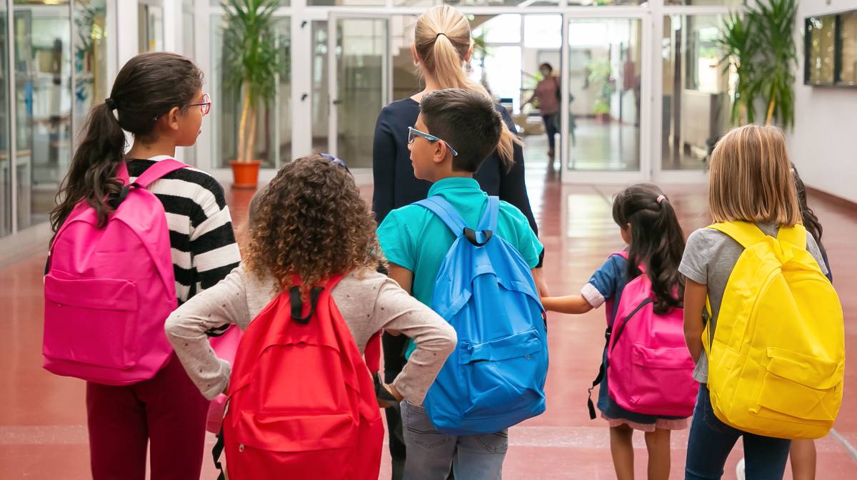 Escolares y una profesora en un colegio.