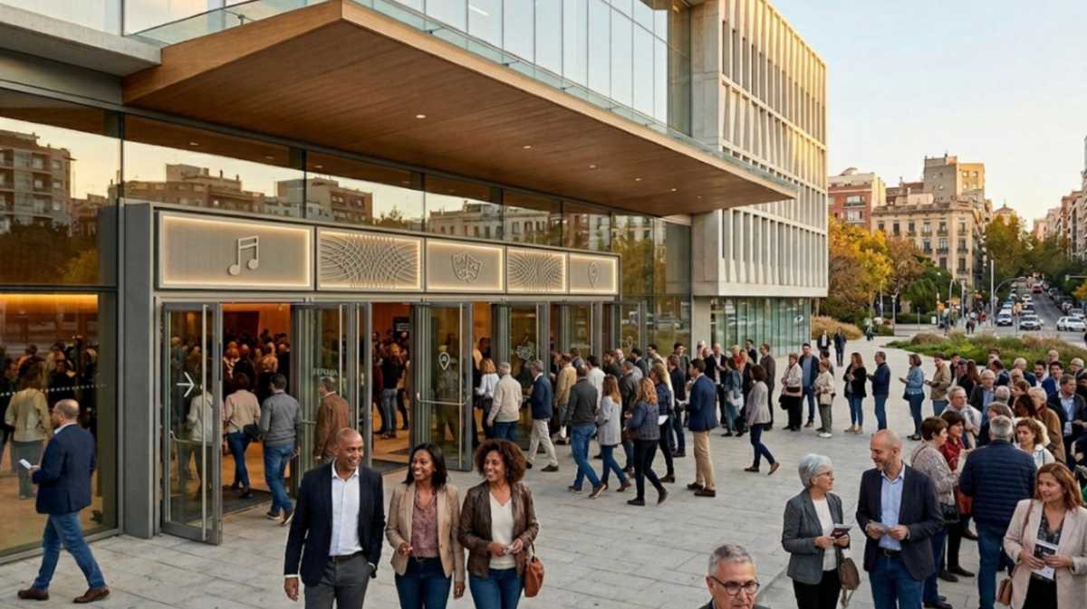 P&uacute;blico entrando a un auditorio moderno en una ciudad mediana.