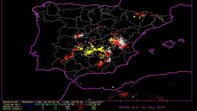 Rayos en la Pen&iacute;nsula Ib&eacute;rica el 1 de mayo seg&uacute;n la Aemet.