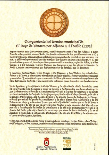 2. Carta de heredad de El Hoyo de Pinares dada por Alfonso X El Sabio en 1273. Transcripción editada por el Ayuntamiento sobre documentos originales del Archivo Municipal de Ávila.