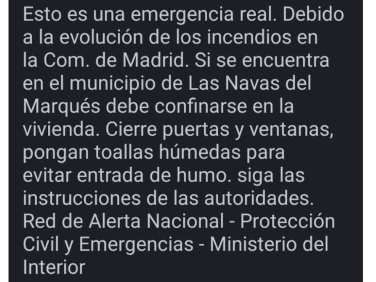 Mensaje enviado a la zona de Las Navas para ordenar el confinamiento.