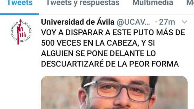 Amenaza en la cuenta hackeada de la UCAV en Twitter.