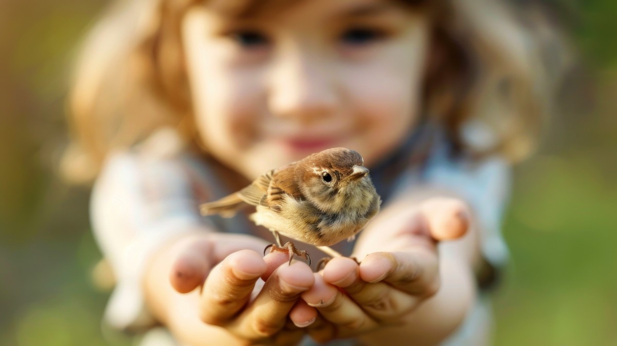 Imagen de archivo de una niña con un pájaro.