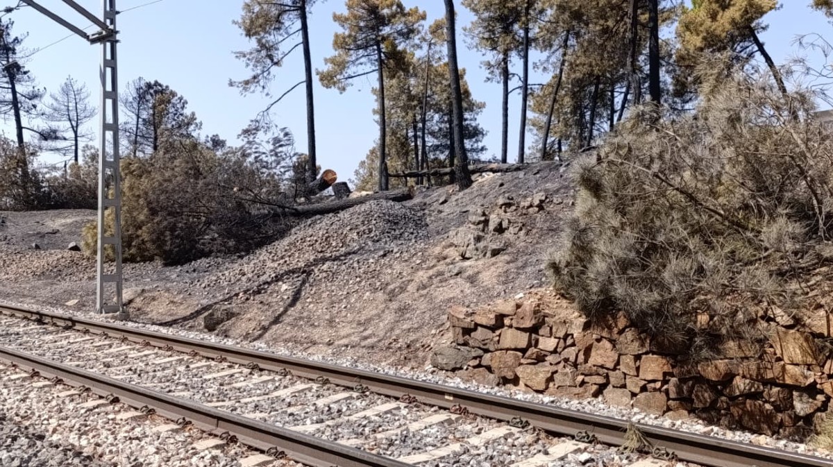 Trabajos en la vía férrea Ávila-Madrid tras el incendio.