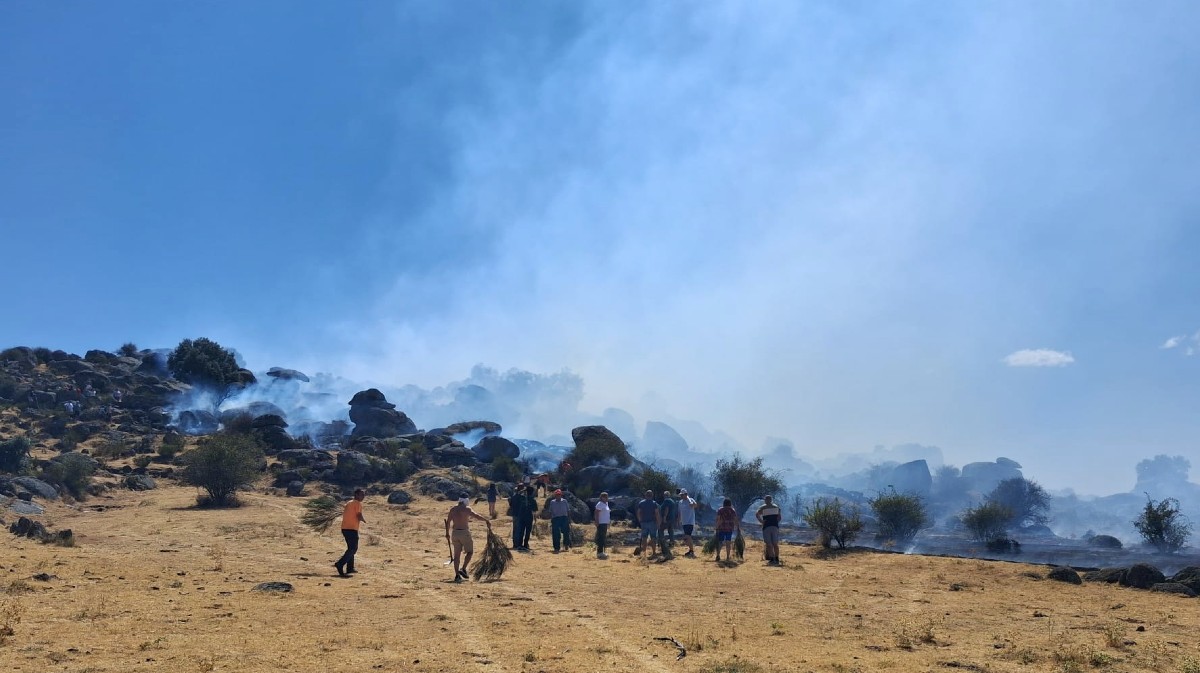 Los vecinos de Altamiros hacen frente al fuego antes de llegar los medios de extinci&oacute;n.