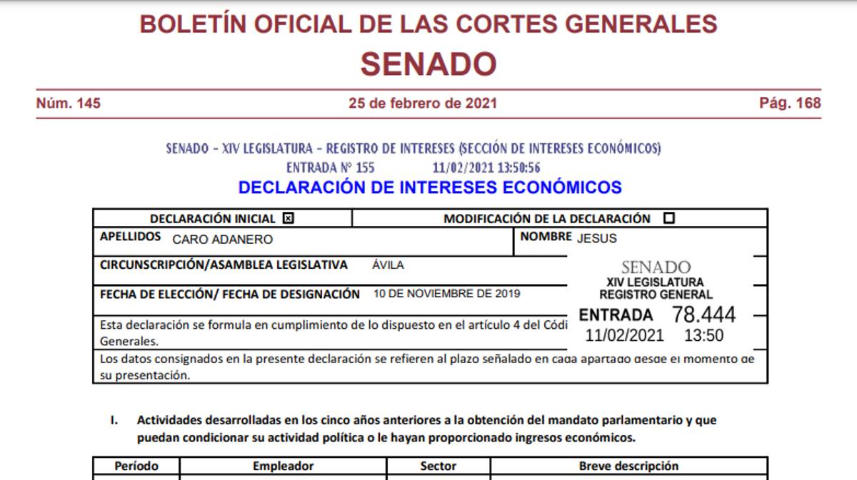 Registro de la declaración de bienes de Jesús Caro en el Senado.
