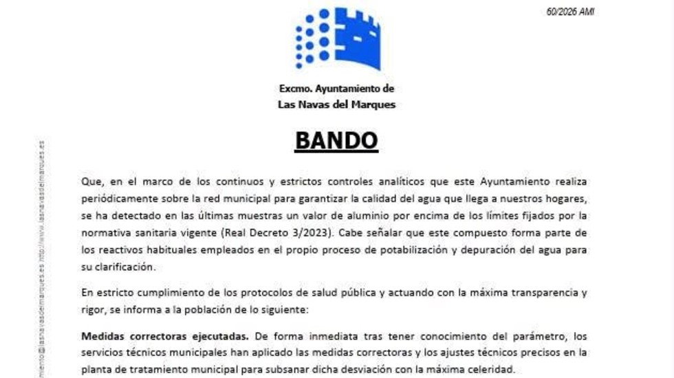 Bando municipal de Las Navas advirtiendo de que el agua no es apta para el consumo.