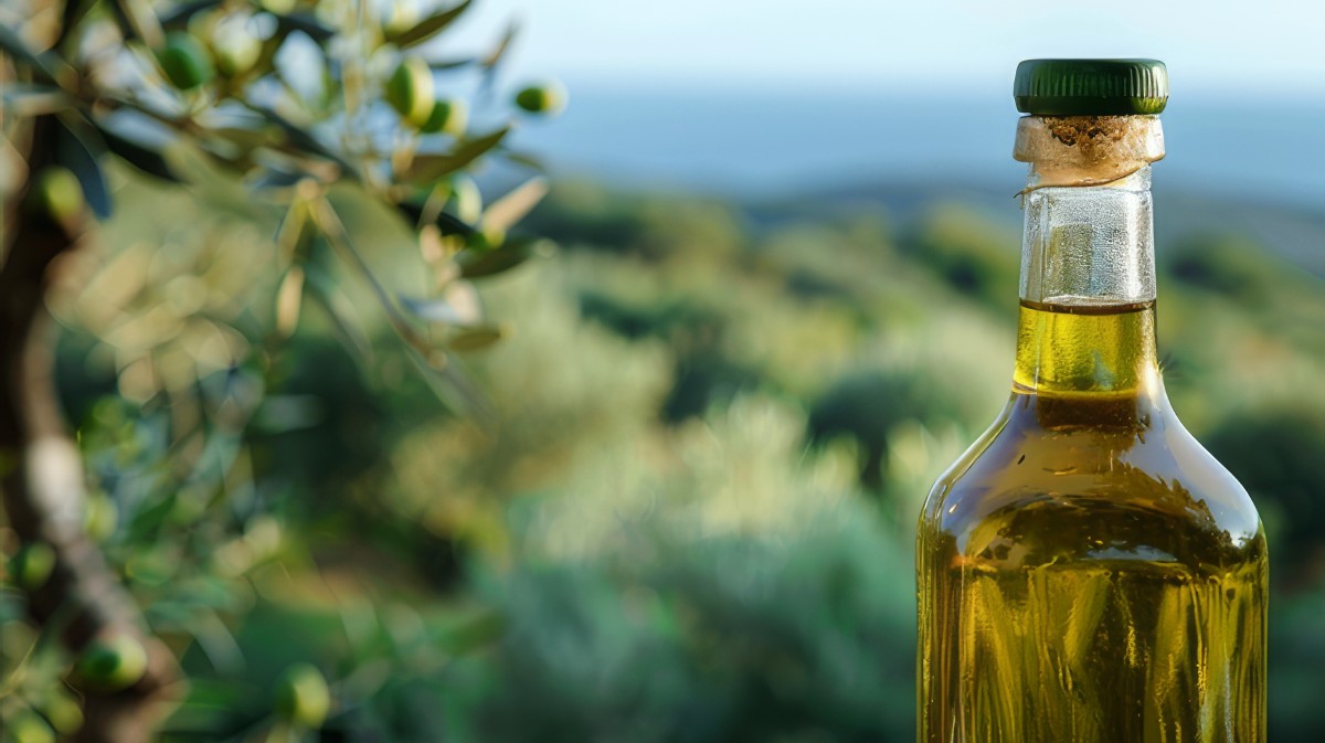 Un olivo junto a una botella de aceite.