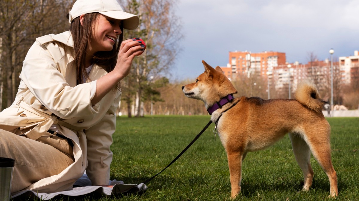 Imagen de archivo de una mujer con su perro.