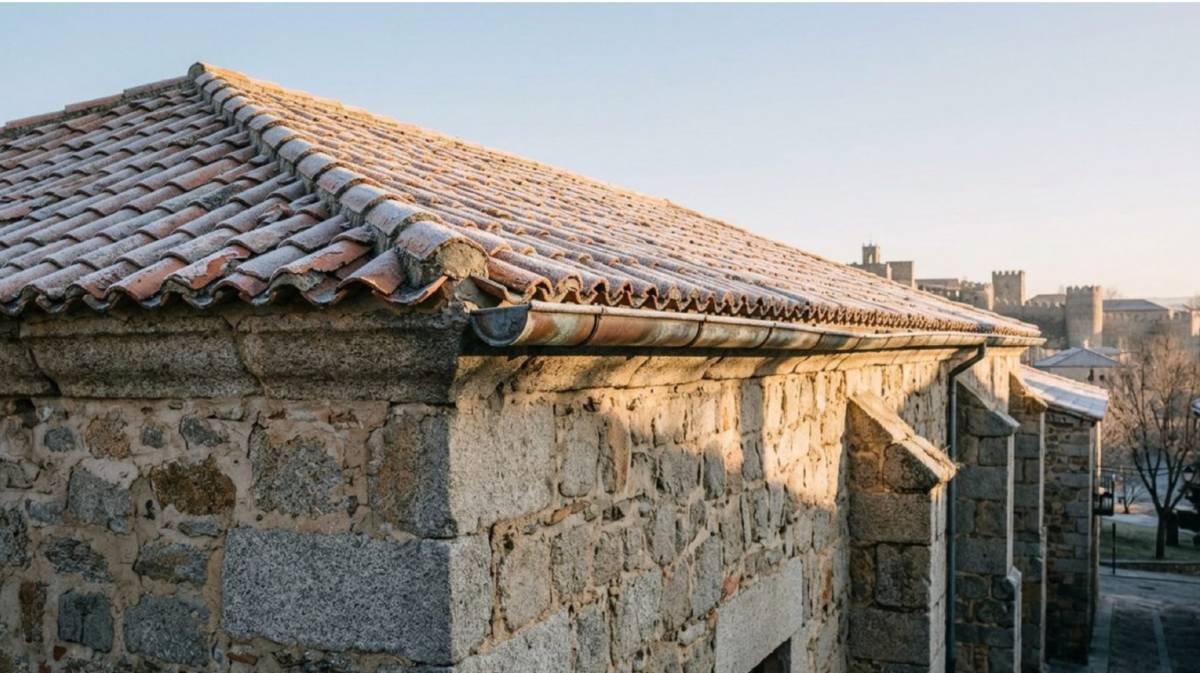 Tejado de un edificio de piedra de &Aacute;vila cubierto de escarcha en una ma&ntilde;ana de helada, con la muralla al fondo
