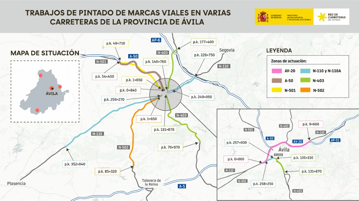 Mapa con carreteras a repintar.