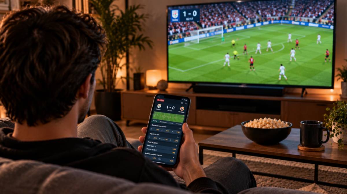 Usuario siguiendo un partido de f&uacute;tbol y consultando apuestas en vivo desde el m&oacute;vil
