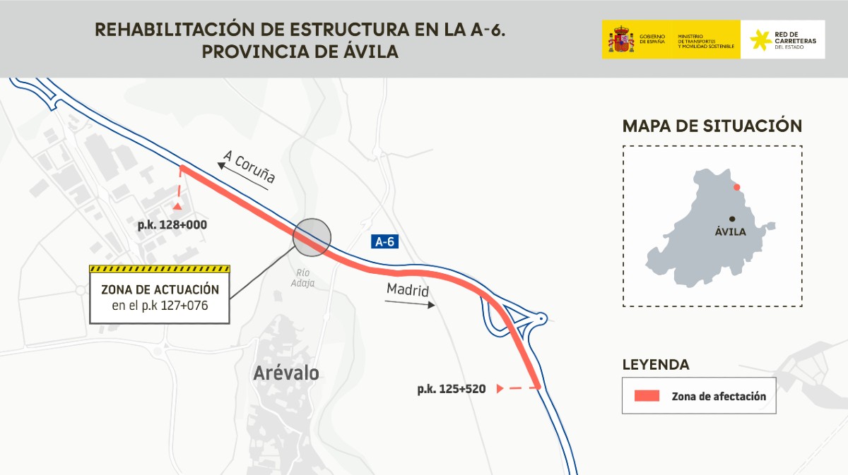 Desv&iacute;os de tr&aacute;fico en la A-6 por las obras en el puente de Ar&eacute;valo.