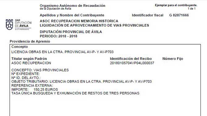 Recibo por la búsqueda de fosas comunes en Casillas.